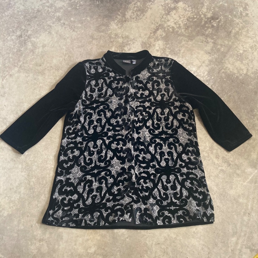Chicos Travelers 2 Womens Large Velvet Burnout Jacket Black Gray Paisley